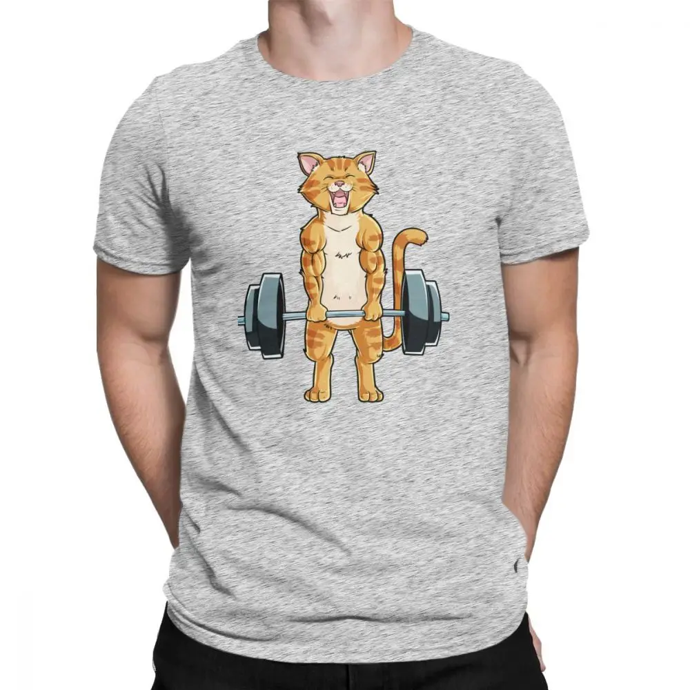 Креативный Кот Deadlift Powerlifting фитнес спортзал подъем веса футболки мужские Чистый хлопок футболка размера плюс одежда - Цвет: Серый