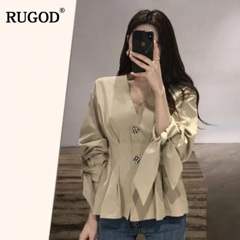RUGOD/офисные женские рубашки повседневные однотонные блузки с v образным вырезом