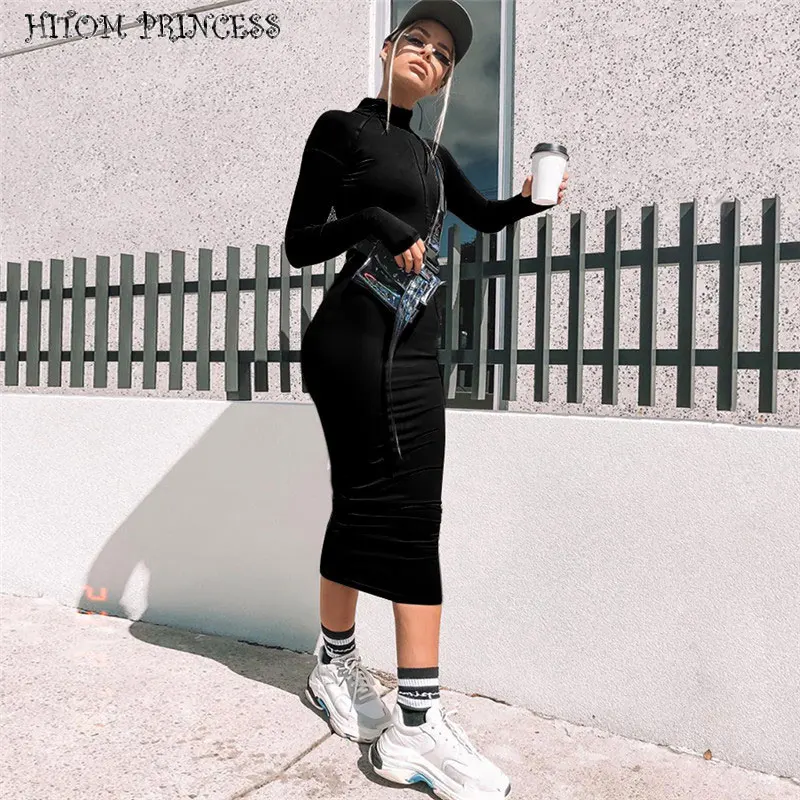 Платье с высоким воротом HITOM Осеннее длинное облегающее платье на молнии длинным