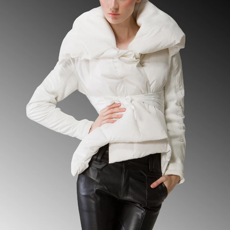 Белая Утка Вниз Зима Короткая Куртка Женщин Большой Лацкан Кружева вверх Луч