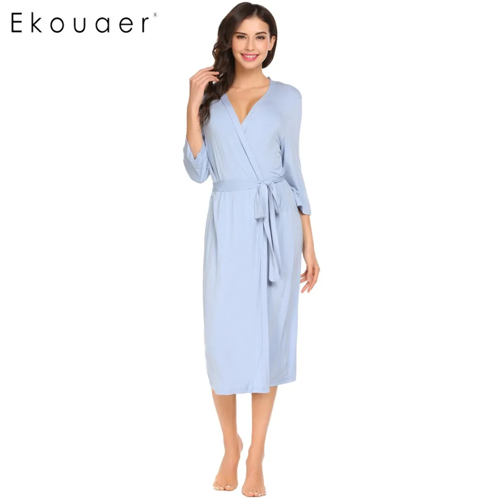 Ekouaer, длинный женский халат, 3/4 рукав, сплошной, свободный, v-образный вырез, с поясом, банный халат, ночной сексуальный халат, ночной рост, кимоно, халат, размер s-xl