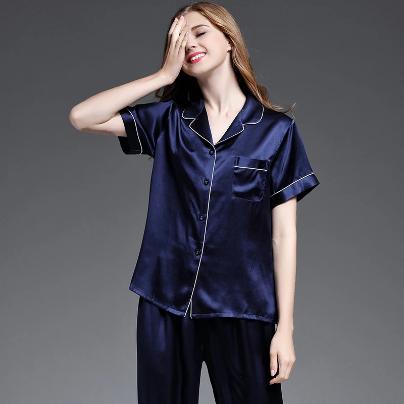 women's pajama sets silk 2019 new fashion brand pink blue 100% silk women's sleep&lounge short sleeve summer woman pajama sets