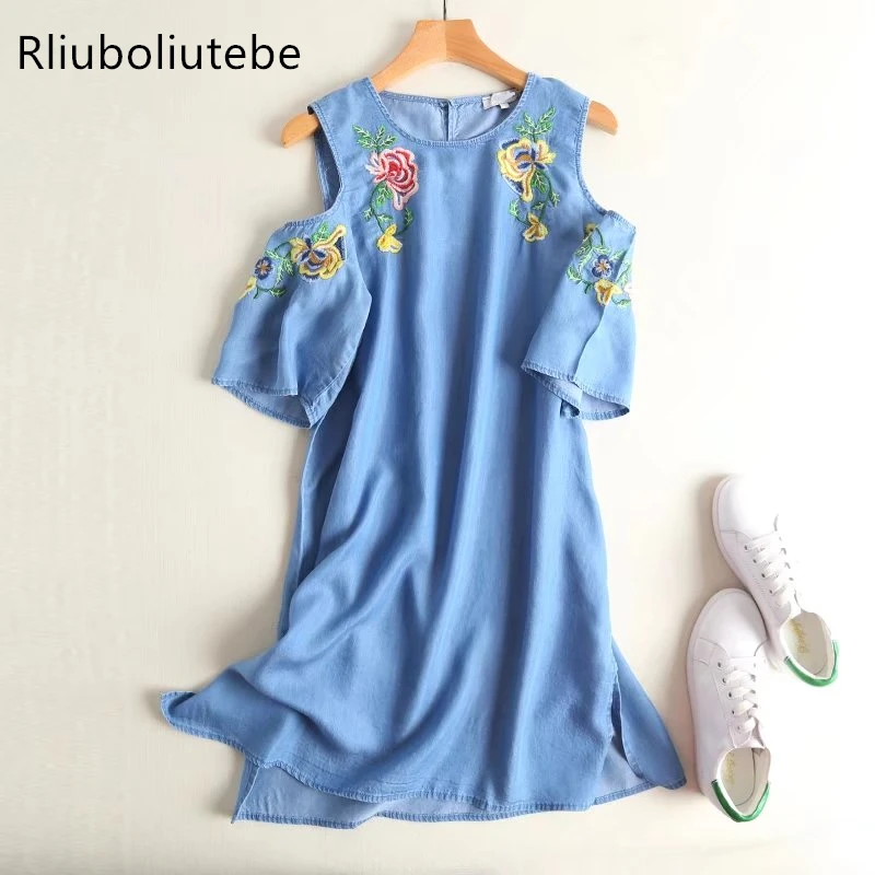 Летнее женское джинсовое платье из Tencel с открытыми плечами, круглый вырез, короткий рукав, вышитый светильник, синее мягкое джинсовое платье, хлопковое Повседневное платье