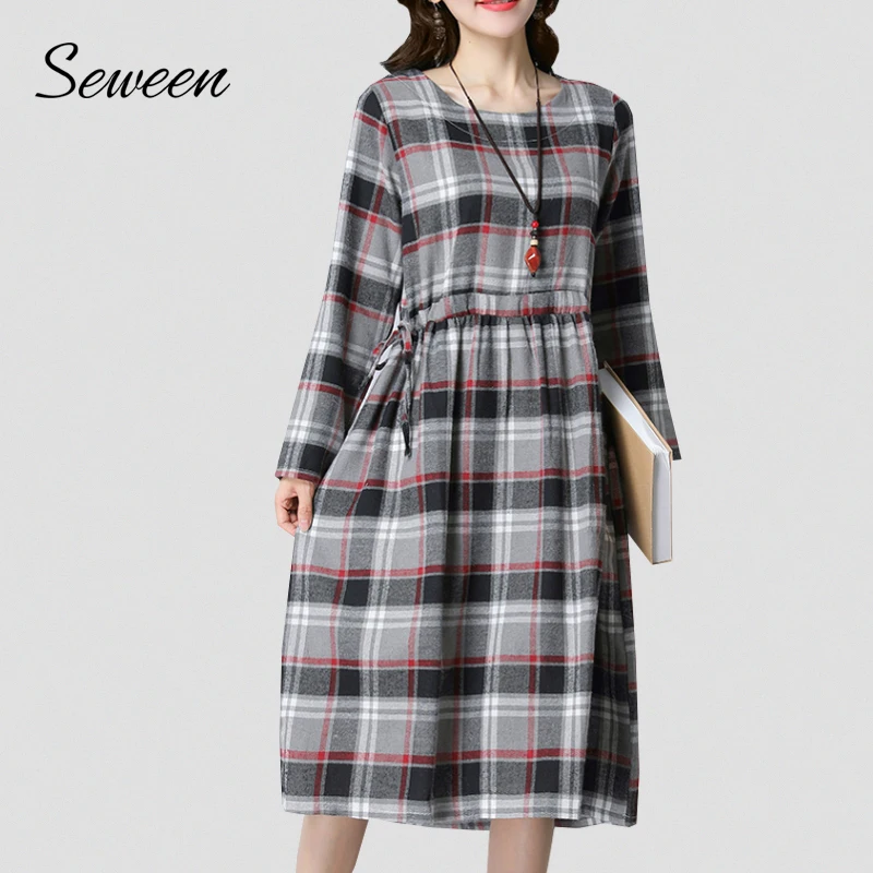 Streetwear Plaid Women Dress 2018 Autumn Fashion Loose Casual O Neck Long Sleeve High Elastic Waist Midi | Женская одежда