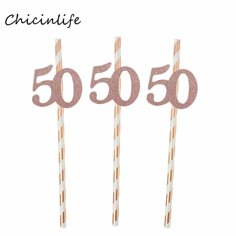 rose gold 50 Chicinlife 10 шт. бумажные соломы с номером 30 40 50 60 юбилейные соломинки для напитков 30th 40th 50th 60th День рождения украшения - Цвет: rose gold 50