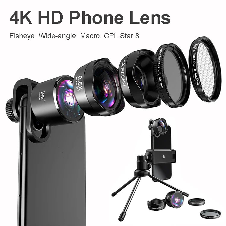 4K HD DSLR Mobile Phone Camera Lens Lits:Photo Tripod CPL Starlight Filter+Awesome Fisheye&ampWide-Agnel &amp 15X Macro | Мобильные