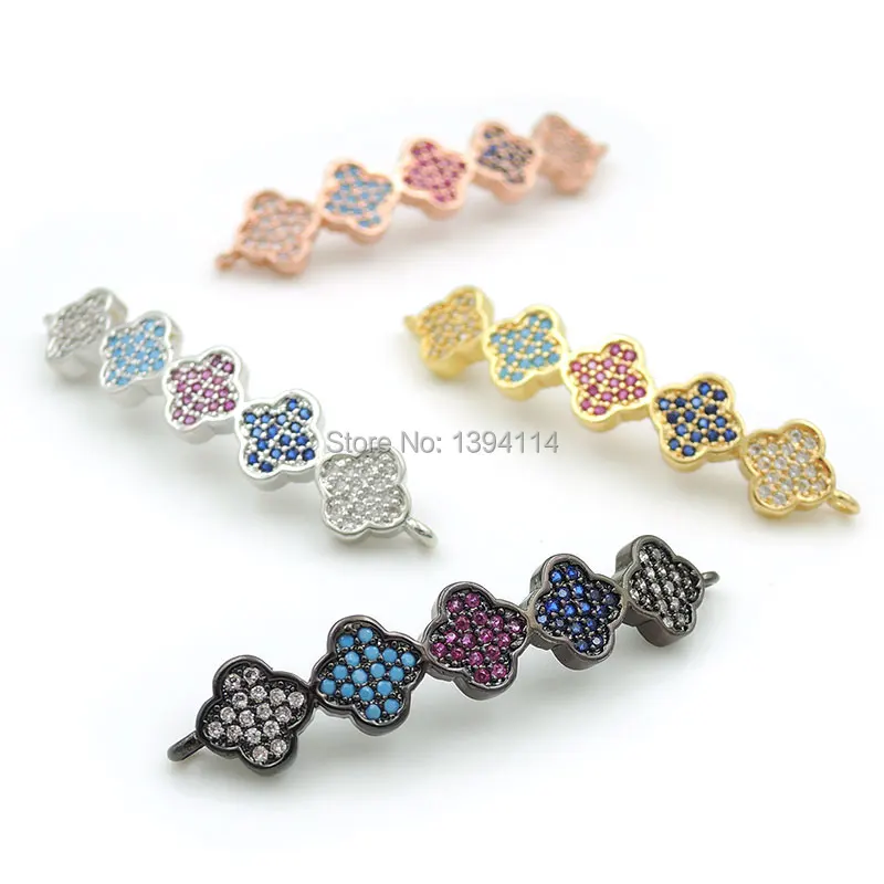 

38*7*3mm Micro Pave CZ Of Mixing Colors Arc Bar Of 5 Clovers Connector Fit For Women As DIY Bracelets Accessory