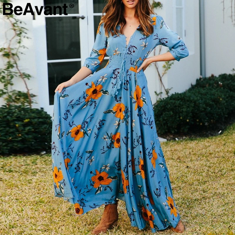 BeAvant Floral print summer maxi dress women V neck button split boho dresses casual Holiday beach long plus size vestidos | Женская