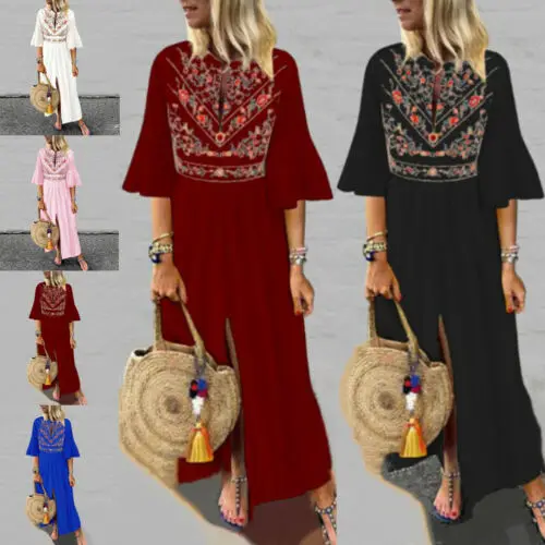 Женское длинное платье-кафтан Макси-Платье с разрезом на подоле средней длины