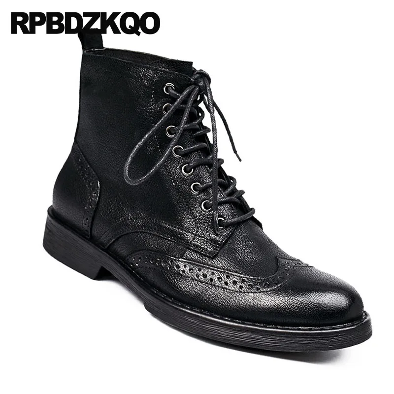 Мужские армейские ботильоны из натуральной кожи черные броги ручной работы на