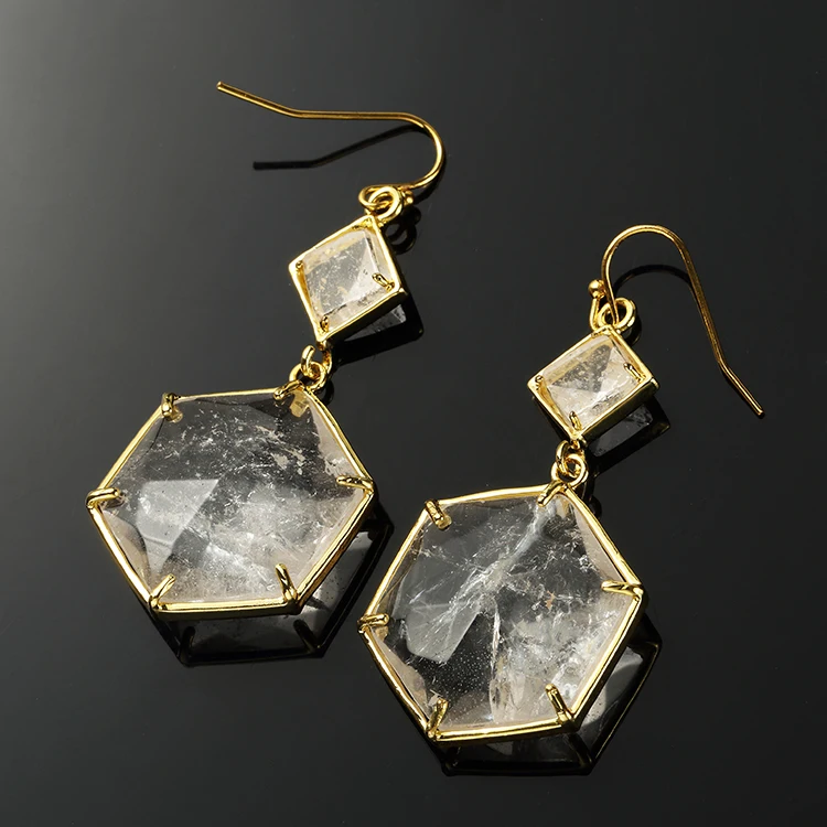 

100-Unique 1 Pair Light Yellow Gold Color Natural Rock Crystal Earrings Hexagon Cabochon Jewelry