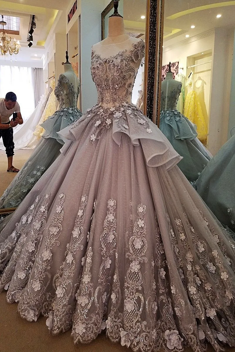 Real Photo 2017 Saudi Arabia Luxury Gray Lace Ball Gown Wedding Dress Vestido Vintage Bandage Plus Size Bridal Dresses | Свадьбы и