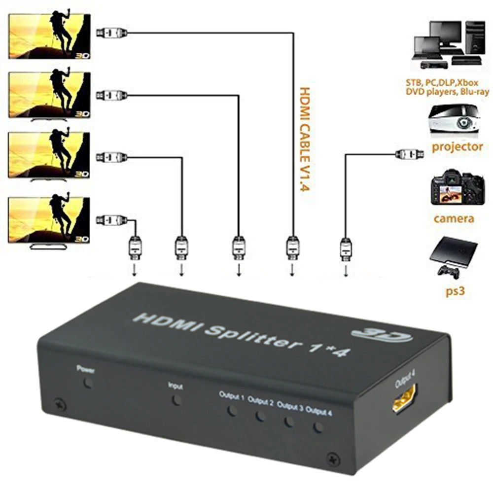 Сплиттер HDMI Aikexin 4 Way 1x4 порта видео сплиттер 1 в выхода 3D Full HD 1080P с адаптером