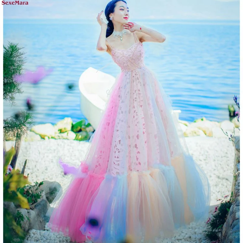 SexeMara fashion The New Backless Sling V collar Lace Splice rainbow Net yarn Holiday Beach dress Free shipping | Женская одежда