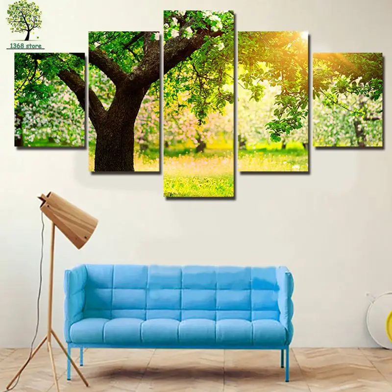 5 панели зеленое дерево холст стены в искусстве украшения дома гостиная печать