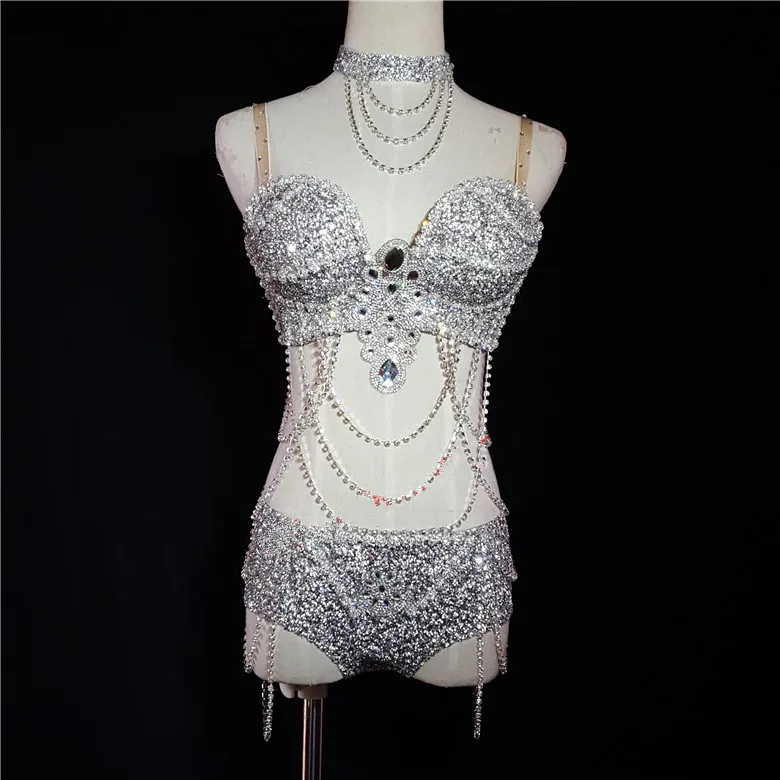 Silver Rhinestones Bikini Crystals Bra Set Nightclub DJ Female Singer Pole Dancing Costume Party Models Catwalk DS Dance Outfit |