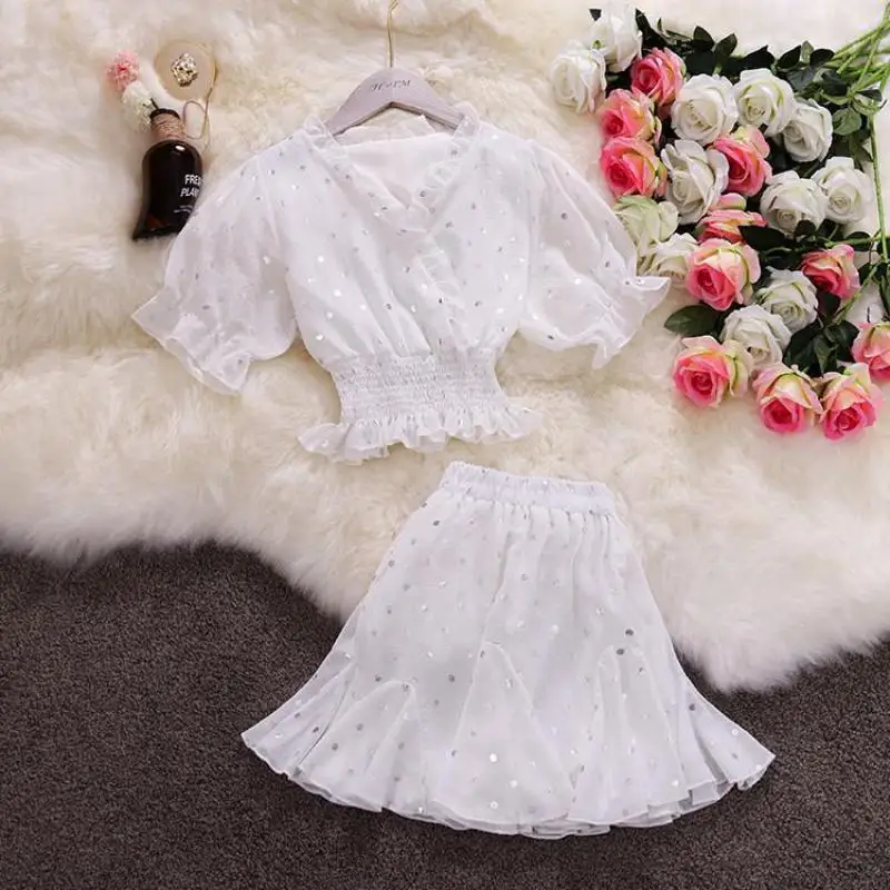 Новый Летний шифоновый Женский комплект 2 шт. сексуальная блуза с v-образным