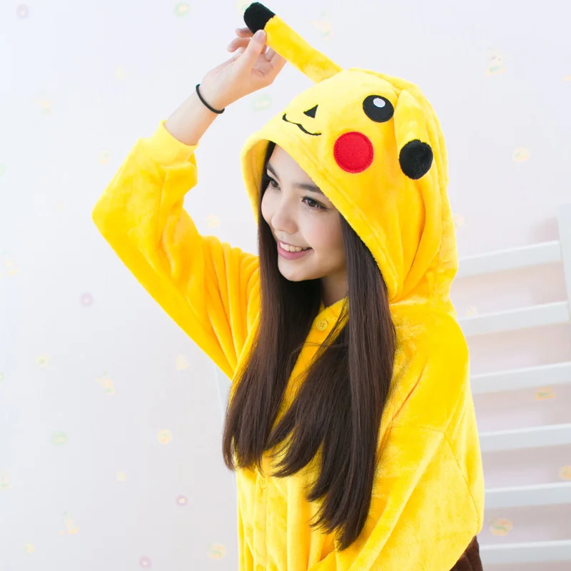 Pikachu Зимние фланелевые пижамы с капюшоном для взрослых, Мультяшные животные тороро Пикачу, парные пижамы, сиамские мужские и женские комбинезоны для сна - Цвет: Pikachu