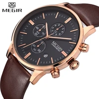 megir luxury casual men watches leather strap quartz chronograph top brand watch military sport men relogio feminino waterproof