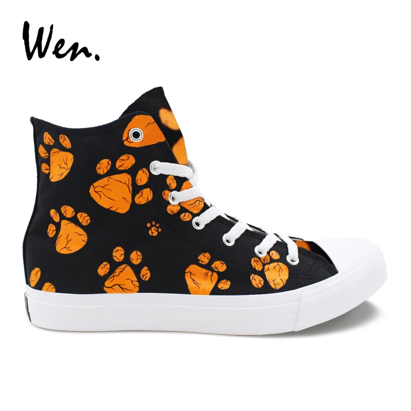 

Wen Design Hand Painted Vulcanize Shoes Dog Paws Print High Top Black Canvas Sneakers Men Women Flat Fashion Casual Plimsolls