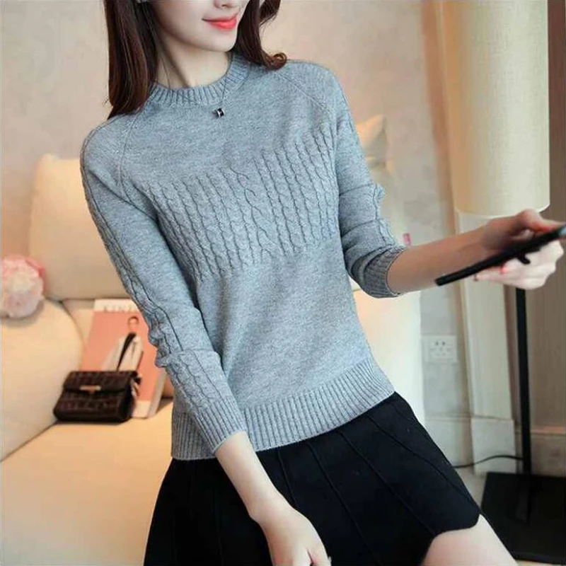 Новинка Осень-зима 2019 Женский пуловер с круглым вырезом и длинными рукавами
