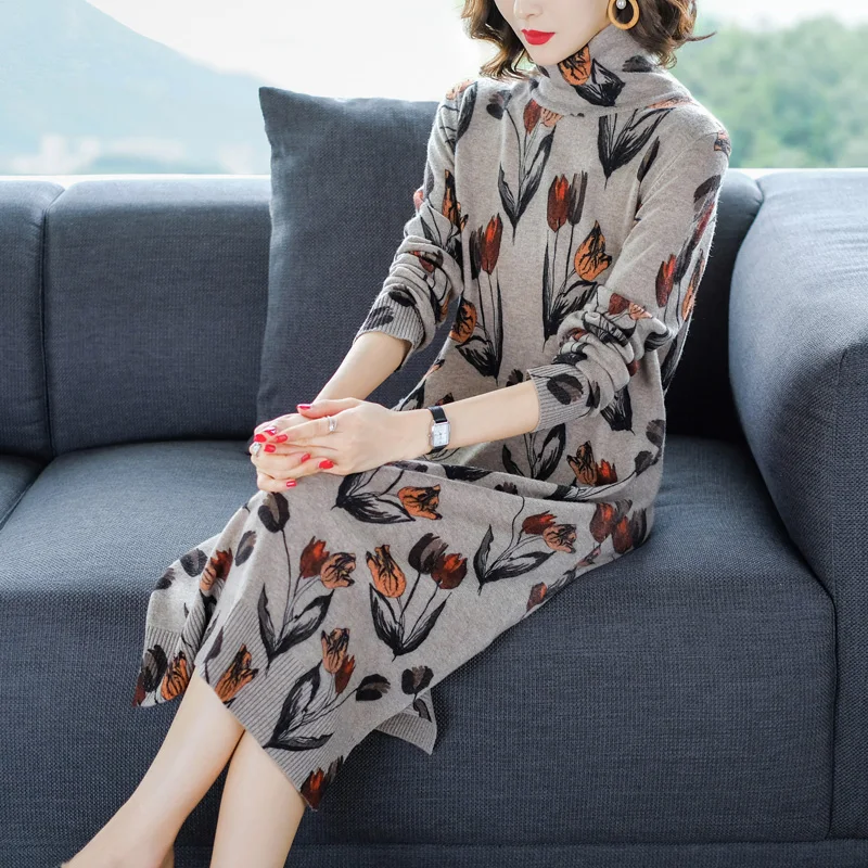 Женское шерстяное платье свитер Брендовое длинное с высоким воротником и