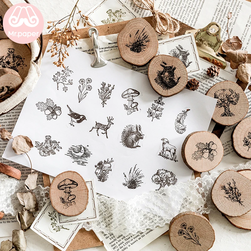 Mr Paper 25 designs Forest Animals Plants Growth Ring Wooden Rubber Stamps for Scrapbooking Decoration DIY Craft | Канцтовары для