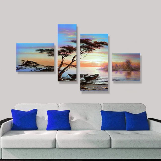 

Fairyland On Earth Beautiful Sunset Tree Boat Landscape Oil Painting 4 Panel Wall Art Pictures for Living Room Unframed Decor