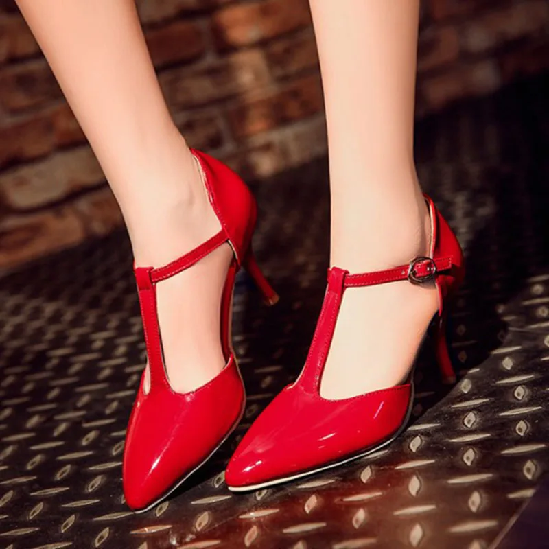 

FSJ Women Shoes Ladies Pumps 2020 Spring Autumn Red Classic Glossy T Strap Heels Pointy Toe Vintage Big Size Shoes 11 12 13