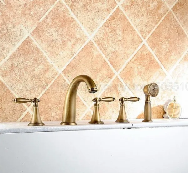 Античная латунь 5 шт. ванная комната кран для раковины с ручной душевой бортикой