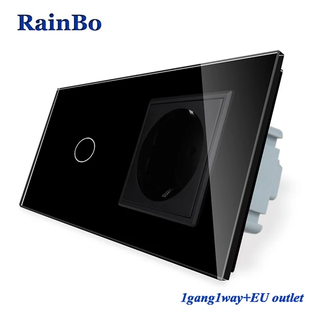 Black RainBo роскошный-сенсорный экран-управление закаленное-хрустальное стекло-панель настенный светильник 1ганг-1way сенсорный выключатель+ ЕС настенная розетка A29118ECW/B - Цвет: Black