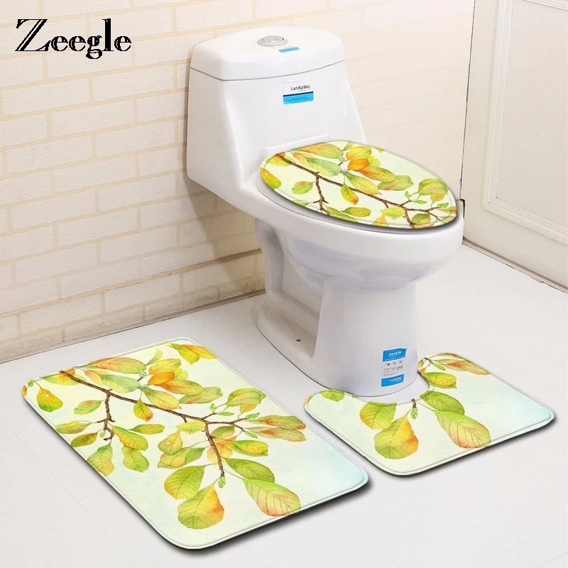 

Zeegle Bathroom Carpet Leaf Pattern Bath Mat Floor Mat Non-slip Toilet Rug Set Cover 3PCS Bath Mat Shower Room Foot Pad