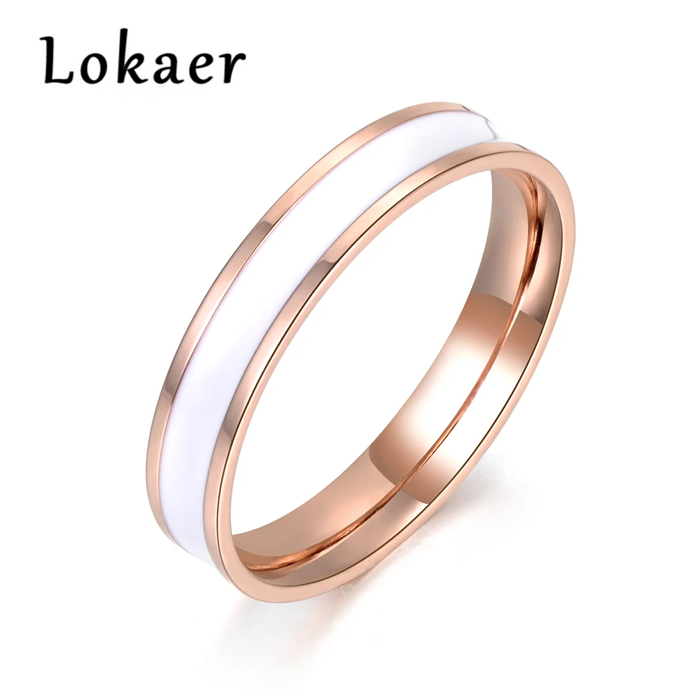 Lokaer Мода черный/белый 2 цвета картина маслом розовое золото цвет простые свадебные кольца ювелирные изделия кольцо из нержавеющей стали - Цвет основного камня: Белый