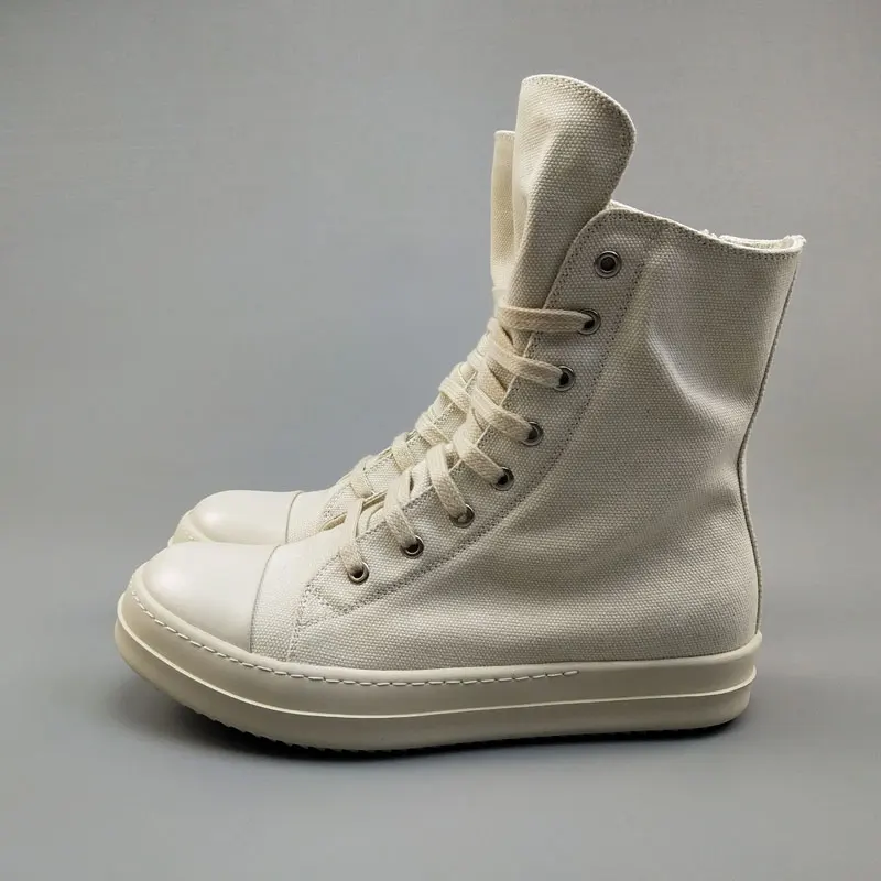 Men Casual Canvas Shoes High Luxury Trainers Lace-Up Zip Spring Male Basic White Brand Flats | Обувь