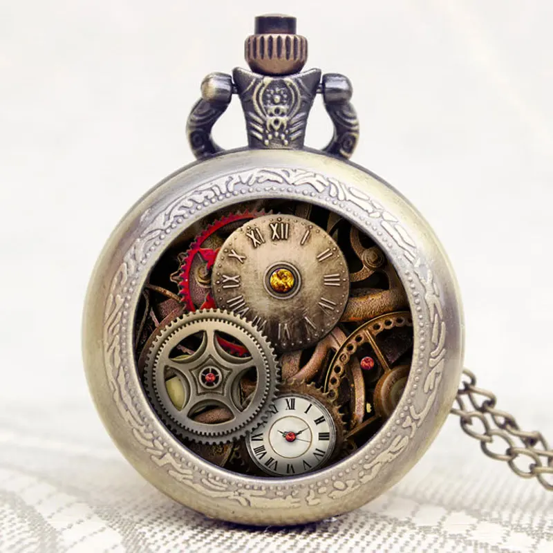 

Antique Gear Roma Numbers Glass Dome Quartz Pocket Watch Steampunk Fob Clock With Necklace Chain Men Women Gift