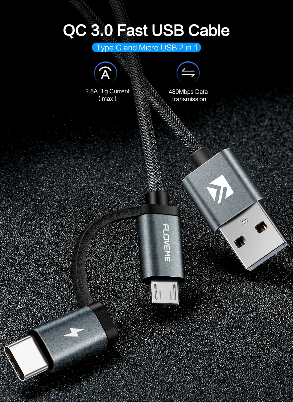 FLOVEME QC3.0 Тип usb C кабель для samsung Galaxy Note 9 S9 2.8A микро USB кабель 2 в 1 зарядное устройство с быстрой зарядкой, USB C кабель для телефона Redmi Note 7