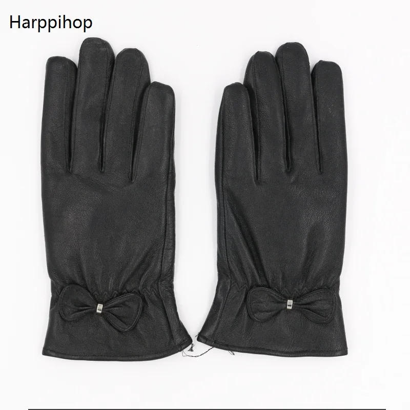 Женские теплые перчатки из натуральной овечьей кожи черные кожаные с подкладкой