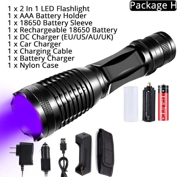 Package H 2в1 УФ-Фонарик светодиодный тактический фонарь Linternas 395nm Ультрафиолетовый детектор мочи для кемпинга домашних животных - Испускаемый цвет: Package H