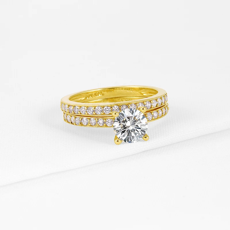 AINUOSHI 14 K массивная, желтая, Золотая наборы свадебных колец 1 ct круглая огранка SONA, имитация бриллиантов сверкающие Bague женские наборы обручальных колец