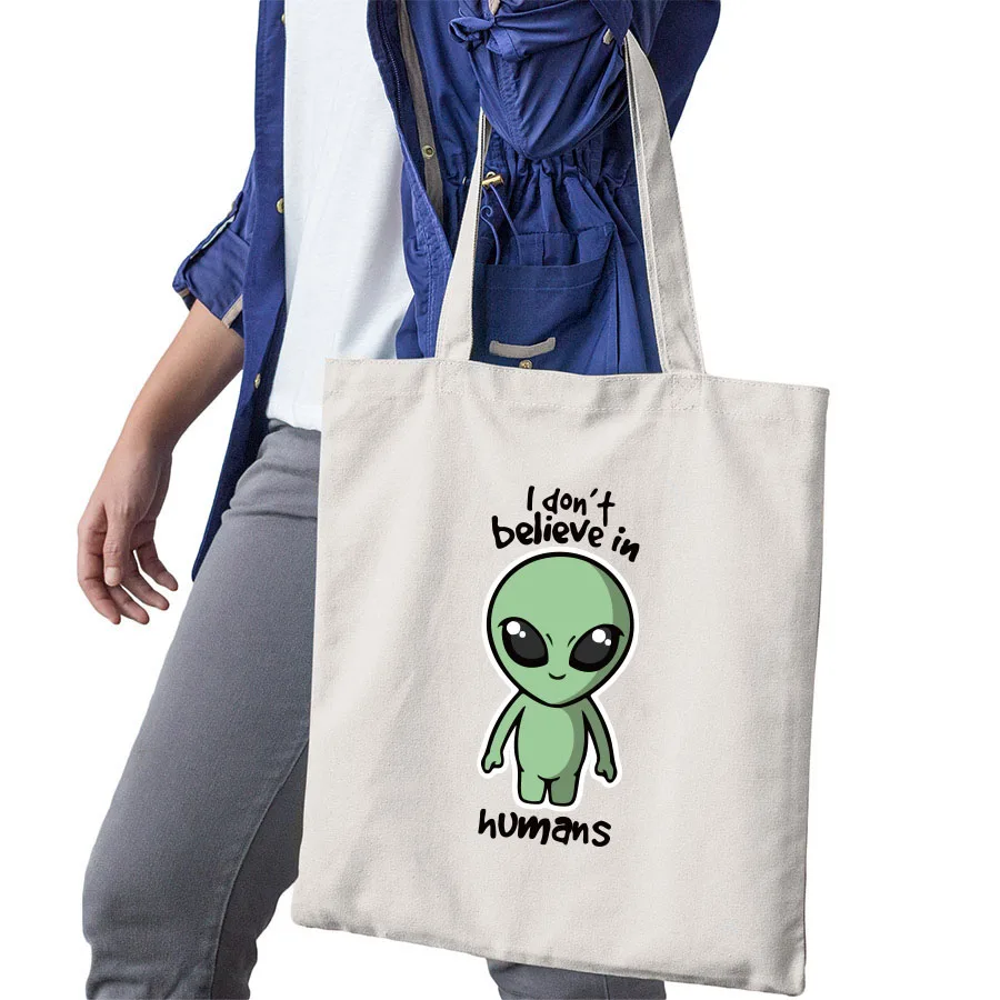 Alien хозяйственная сумка штормовая зона 51 UFO Evolution Don't Believe Human virtues дизайн мультфильм белые школьные дорожные сумки