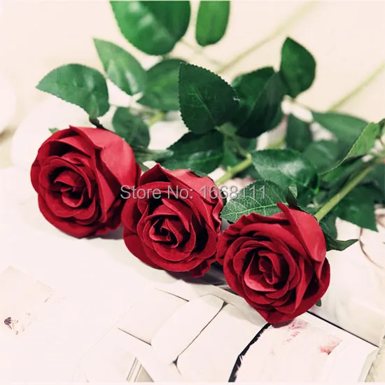 

Artificial Velet Roses Flower Single Stem Red Rose Flowers with Green Leaf for Wedding Home Party Decorative Flower