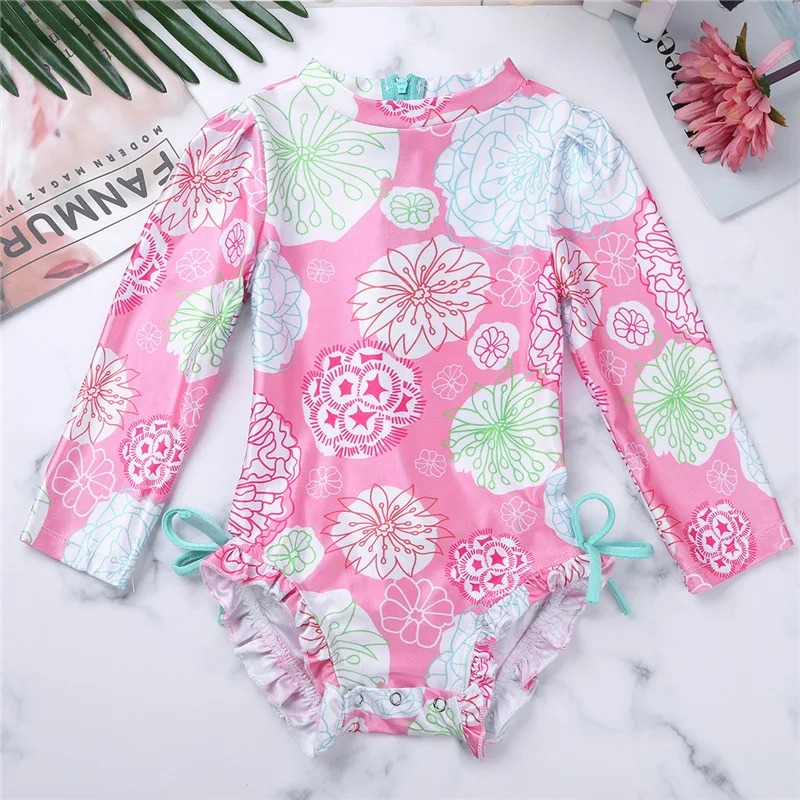 FEESHOW Baby One-piece Swimsuit Bathing Girls Clothes Dress Summer Long Sleeve Toddler Floral Printed Swimwear for | Мать и ребенок