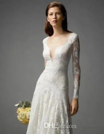 С длинным Рукавом 2016 Свадебные Платья Кружева Длина Пола Лето V образным Вырезом