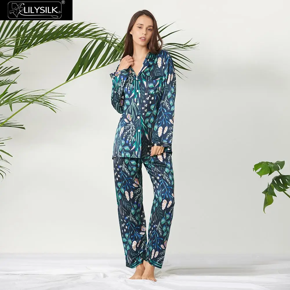 LilySilk пижамный комплект, женская пижама из чистого 100 шелка, одежда для сна с принтом растений, длинная Новая роскошная натуральная женская одежда - Цвет: Синий