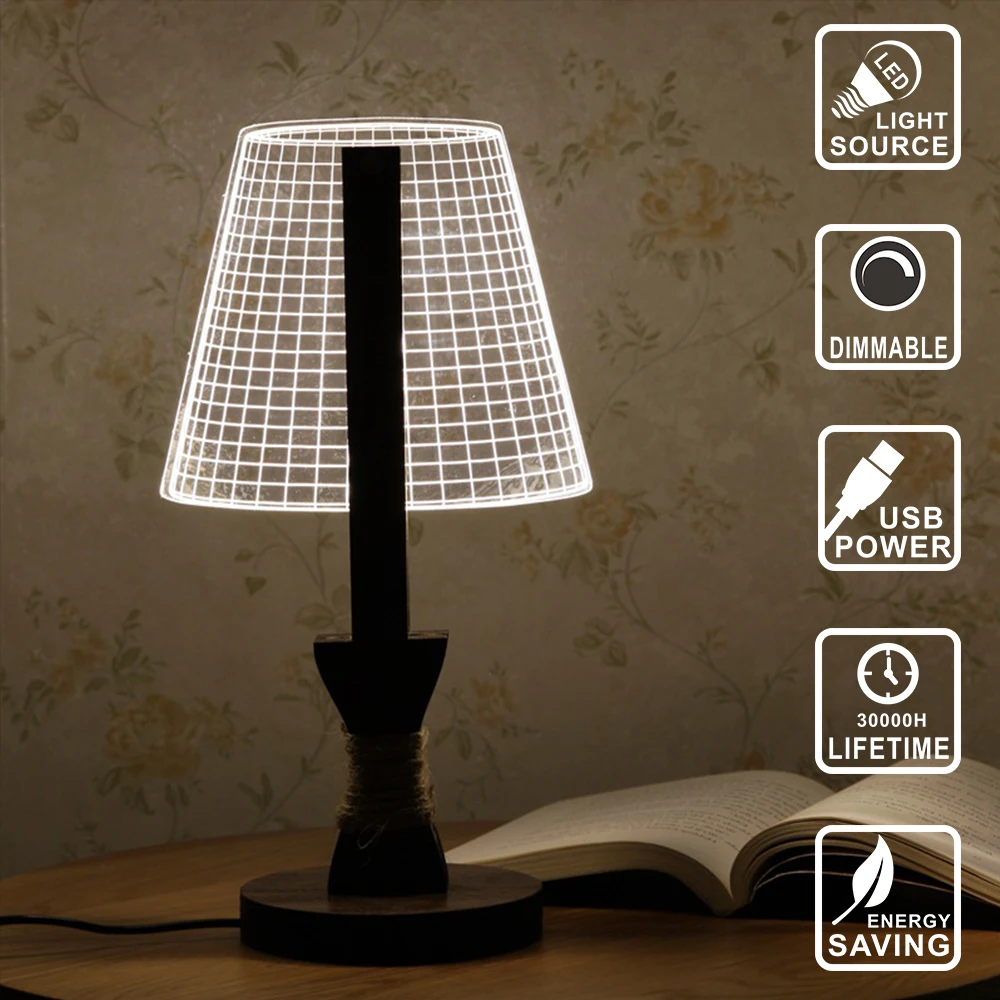 Декоративная лампа из дерева со светодиодной лампой, светильник из дерева, акриловое 3D иллюзионное освещение, светодиодная современная настольная лампа для жилых помещений, ночник с микро USB IY804004.