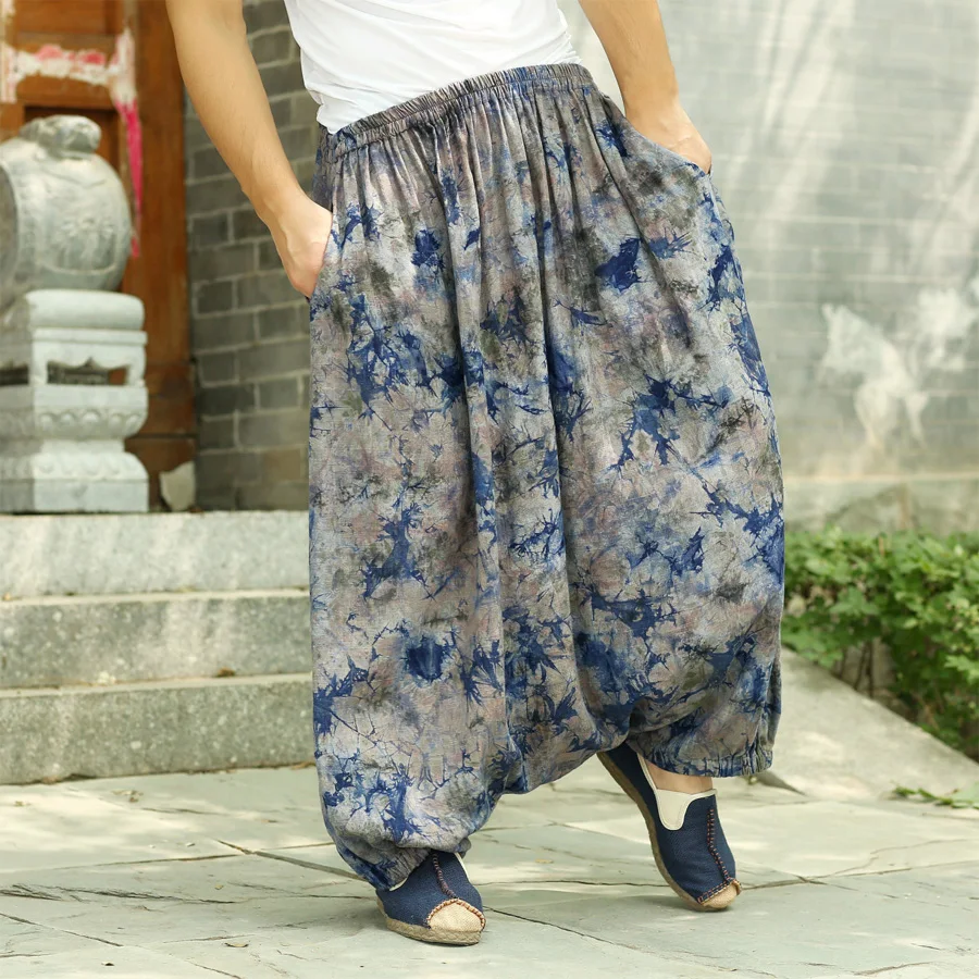 

Plus Size Hip Hop Aladdin Hmong Baggy Cotton Linen Harem Pants Men Tie-Dye Colors Wide Leg Trousers Boho Casual Pants Cross-pant