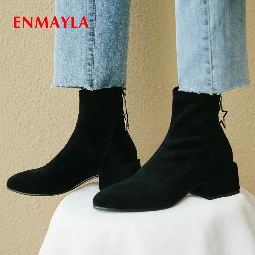 

ENMAYLA 2019 Women Boots Winter Kid Suede Slim Square Heel Round Toe Shoes Women Short Plush Womens Ankle Boots Size 34-39