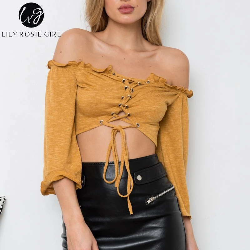 Lily Rosie/пикантные трикотажные укороченные топы со шнуровкой и открытыми плечами