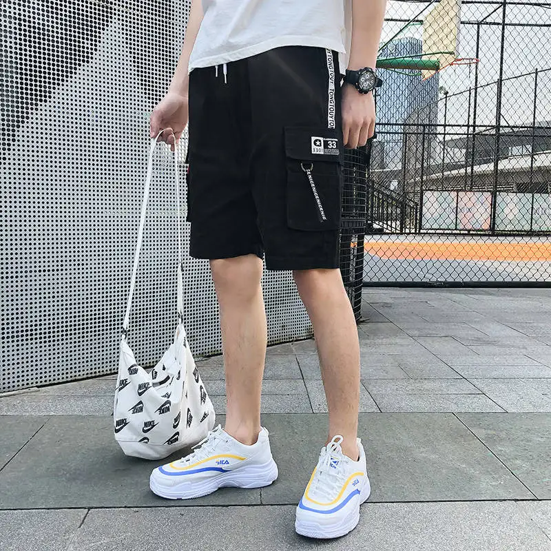 

Men punk rock hip hop shorts ribbons hip hop cargo shorts mens black casual street wear elastic short pants with many pockets