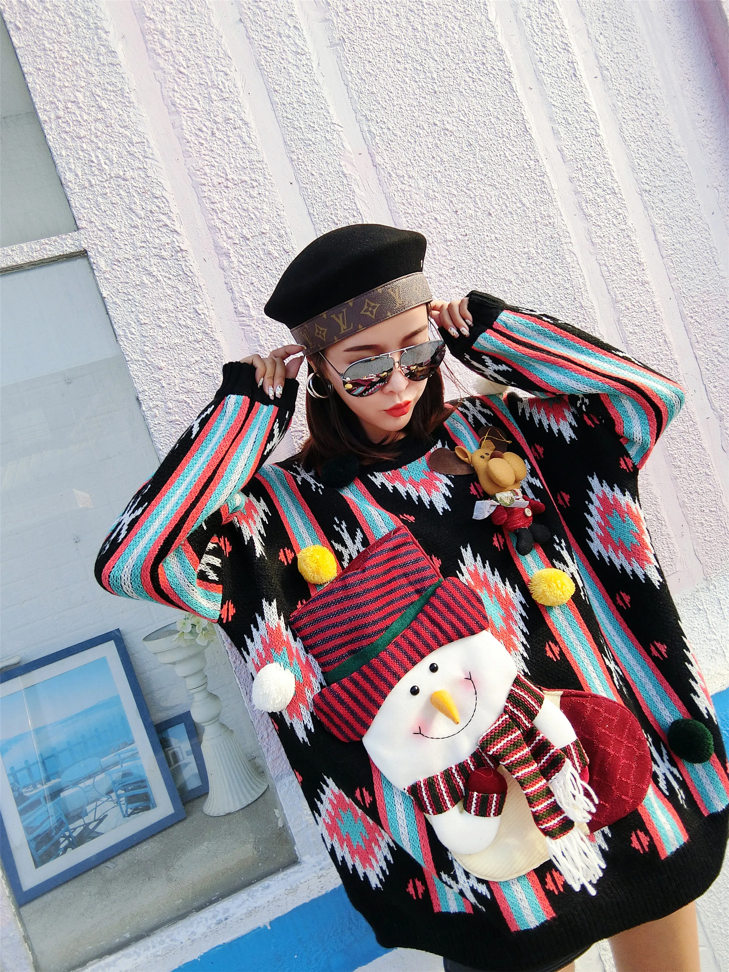 Thailand Tide brand autumn women 2018 new stitching round neck winter sweater female loose snowman Christmas | Женская одежда